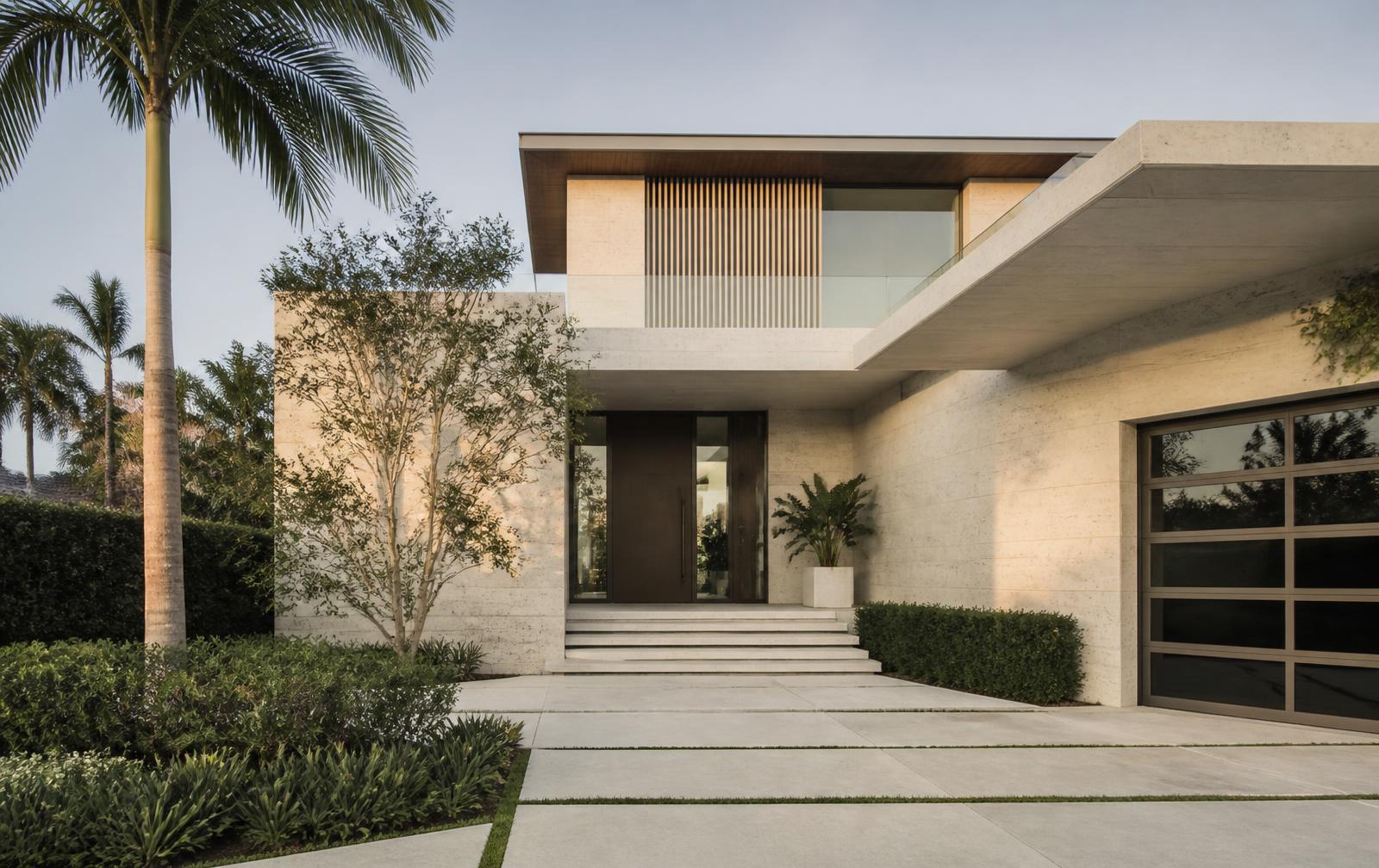 Contemporary South Florida residence with limestone and glass facade in late afternoon light