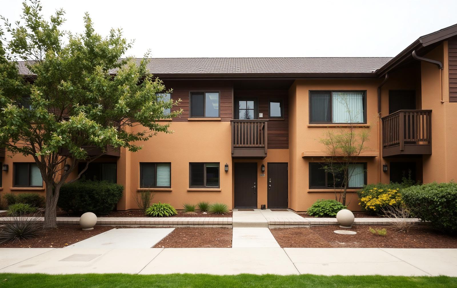 Small multifamily residential building with mature landscaping